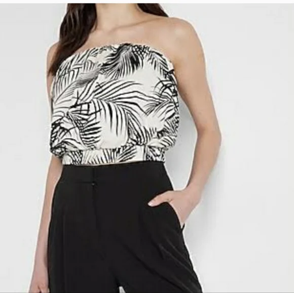 Express Tube Top Palm Leaf Print Cream/Black - Picture 1 of 2